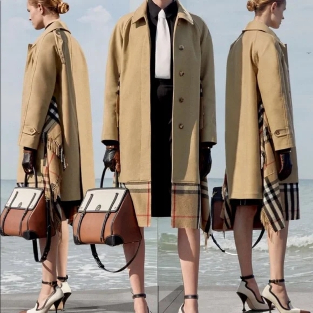 BURBERRY HONEY COTTON GABARDINE CAR COAT TRENCH WITH CASHMERE CHECK SCARF DETAIL